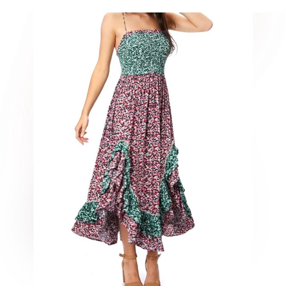 Free People Ruffled Green and Pink Sundress